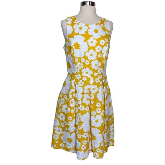 Luxe By Carmen Marc Valvo Yellow White Textured Floral Print Sleeveless Dress 10 - Picture 2 of 9